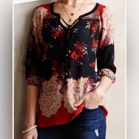 Meadow Rue Tops - Meadow Rue Blossom Peasant Blouse Red Silk Small Anthropologie